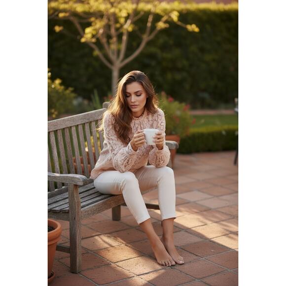 Blush Lace High Neck Blouse – Sheer Floral Romantic Top Size L - Picture 2 of 8